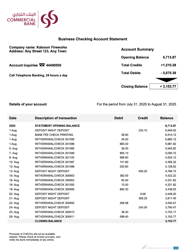 Download Qatar Commercial business account statement Word and PDF template Photoshop template